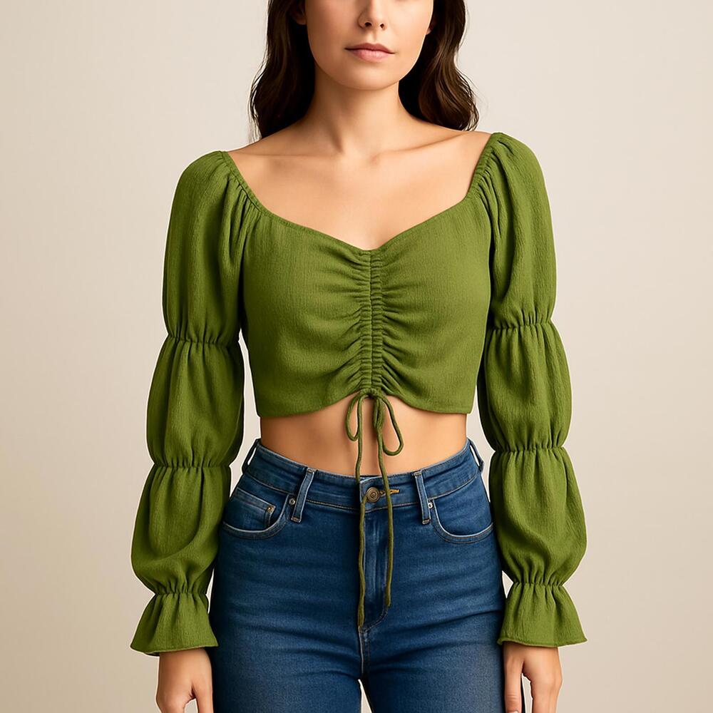 Tie Front Key Hole Long Balloon Sleeve Crop Top | Fairy Cottagecore Western Boho